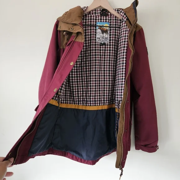 Picture Organic Clothing Burgundy Tan Kate Plaid Lined Ski Coat
